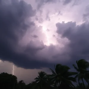 Dark storm clouds and lightning during a severe thunderstorm in North Carolina