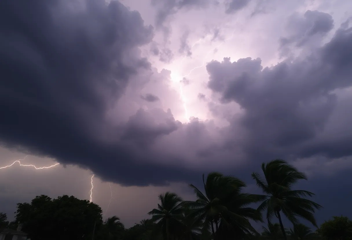 Dark storm clouds and lightning during a severe thunderstorm in North Carolina