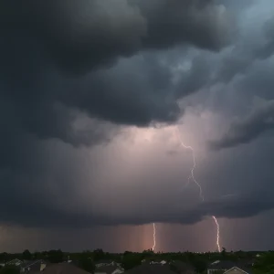 Dark thunderstorm clouds and rain over a suburban neighborhood