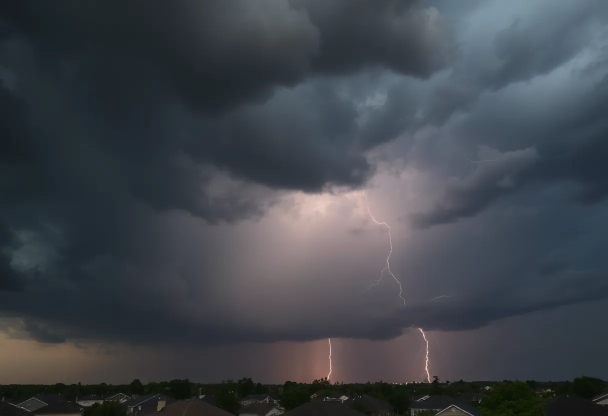 Dark thunderstorm clouds and rain over a suburban neighborhood