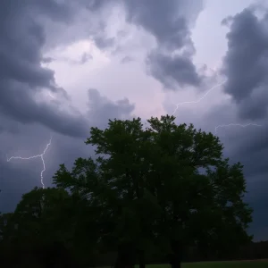 Dark storm clouds with lightning over Oconee County ahead of a severe thunderstorm.