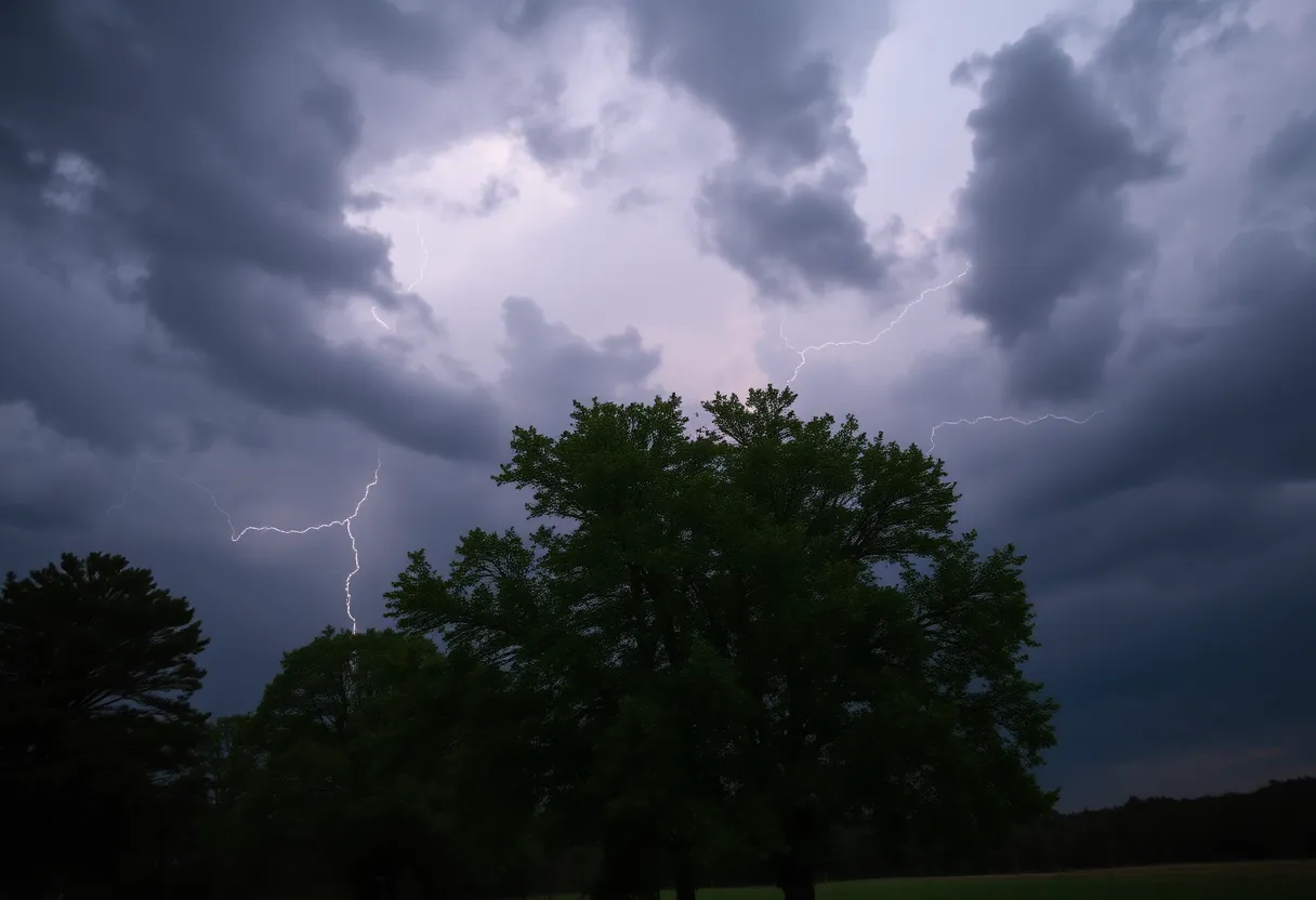Dark storm clouds with lightning over Oconee County ahead of a severe thunderstorm.