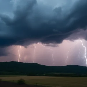 Dark storm clouds and lightning during severe weather conditions