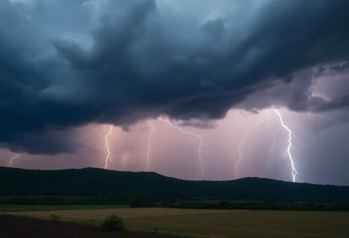Dark storm clouds and lightning during severe weather conditions