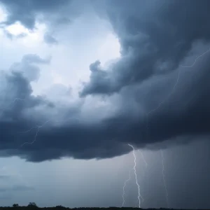 Dark storm clouds and lightning over Upstate South Carolina
