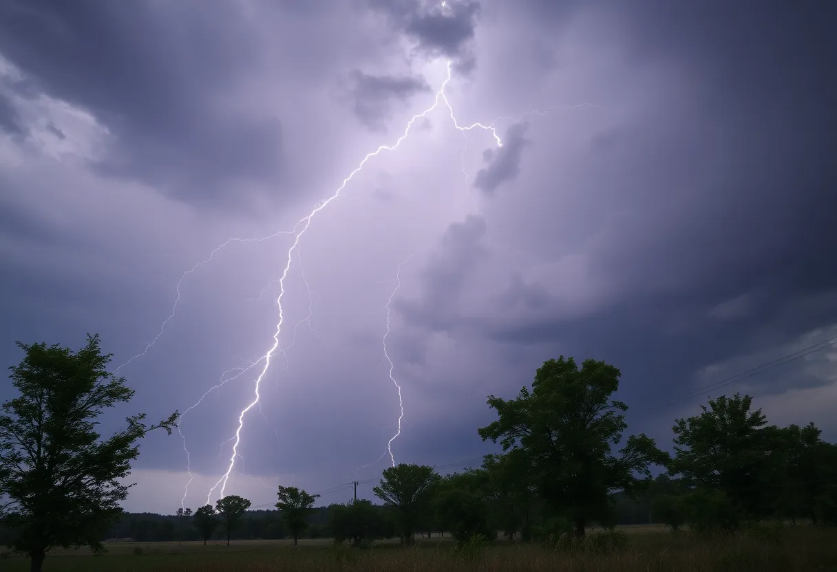 Dark stormy sky with lightning and trees swaying in wind