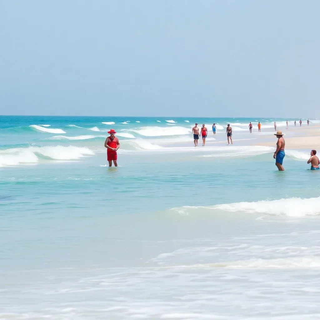 Lifeguards monitoring the beach with beachgoers enjoying the sun.