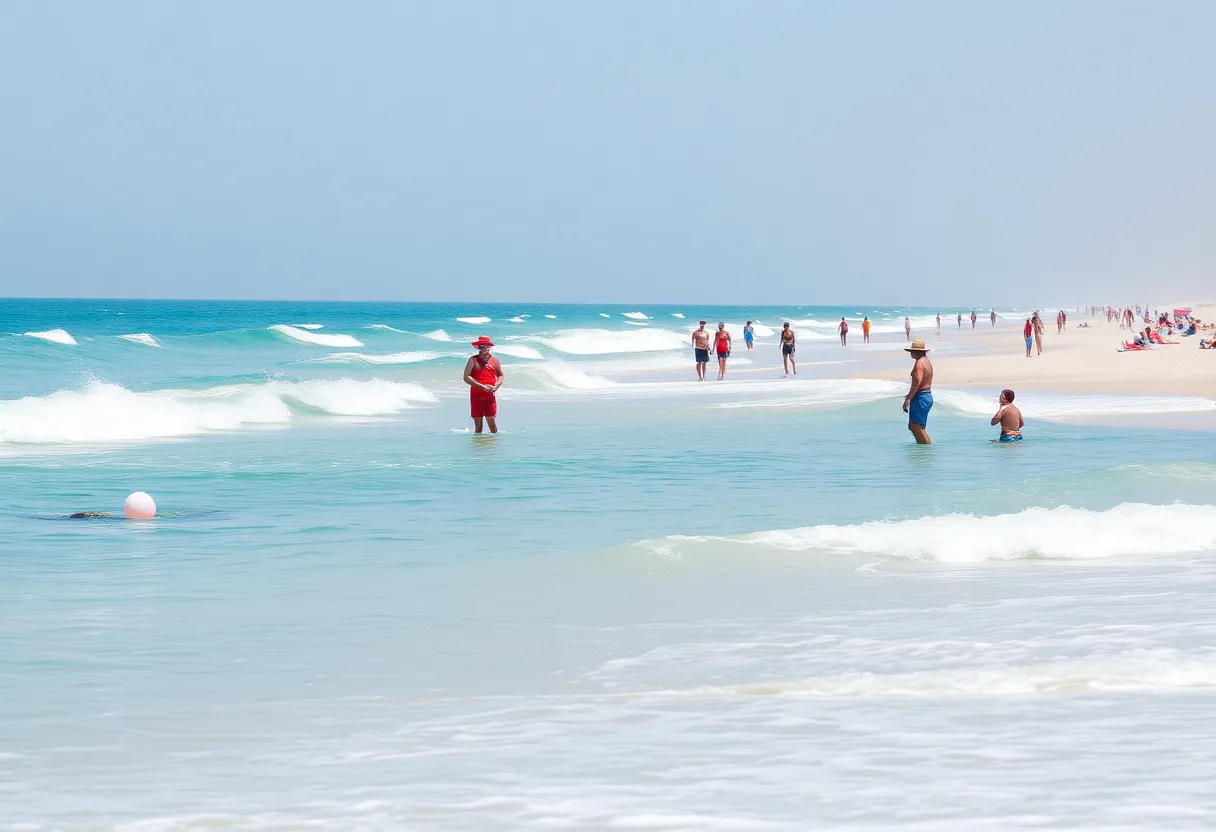 Lifeguards monitoring the beach with beachgoers enjoying the sun.