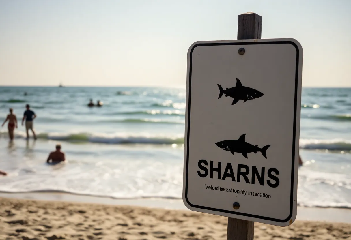 Warning sign about shark sightings on a beach