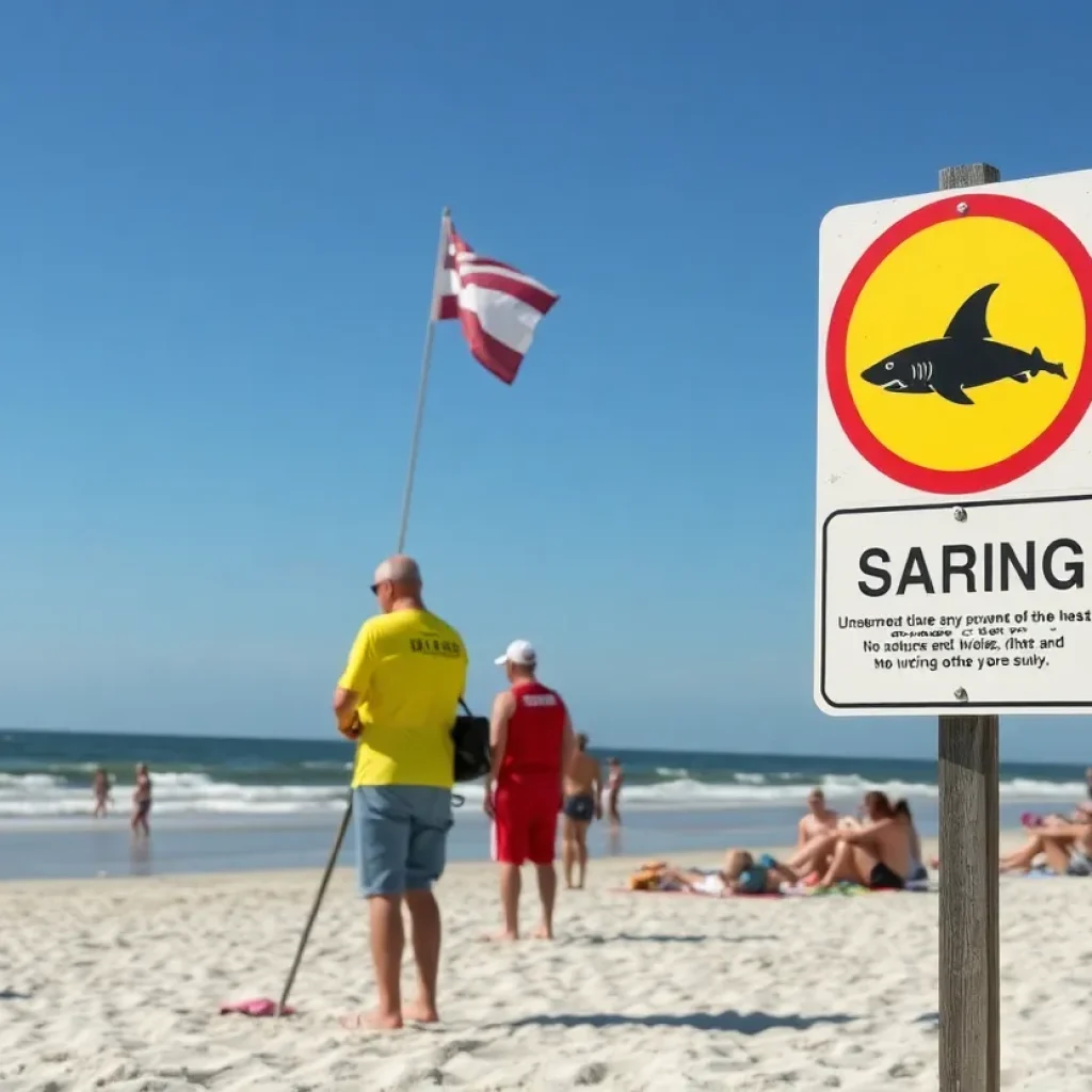 Lifeguards monitoring beach activities at Hilton Head Island with warning signs about sharks.