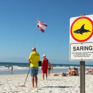 Lifeguards monitoring beach activities at Hilton Head Island with warning signs about sharks.