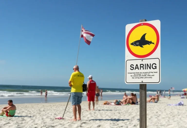 Lifeguards monitoring beach activities at Hilton Head Island with warning signs about sharks.