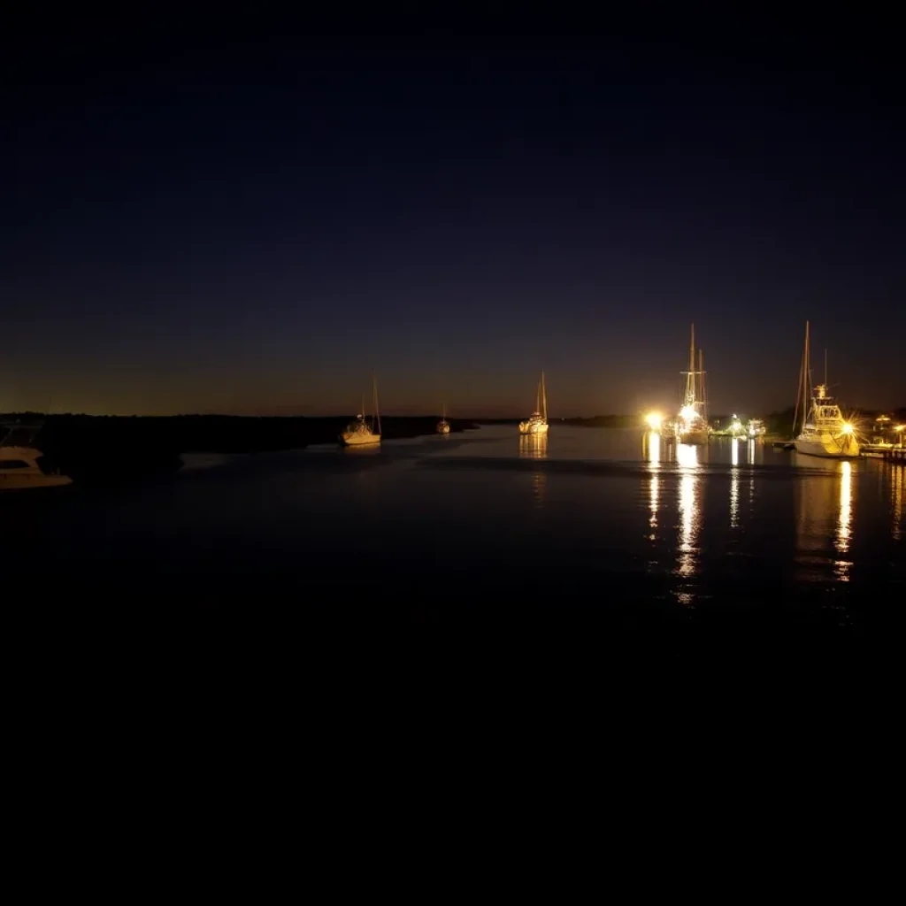Night view of boats on Skull Creek at Hilton Head Island
