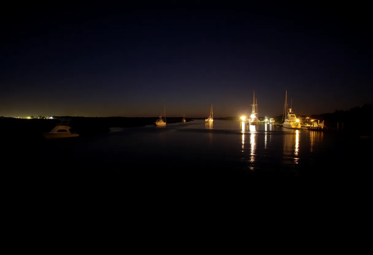 Night view of boats on Skull Creek at Hilton Head Island