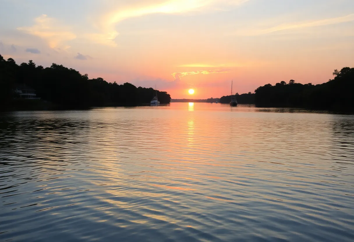 Tranquil view of Skull Creek at sunset with boats in the distance
