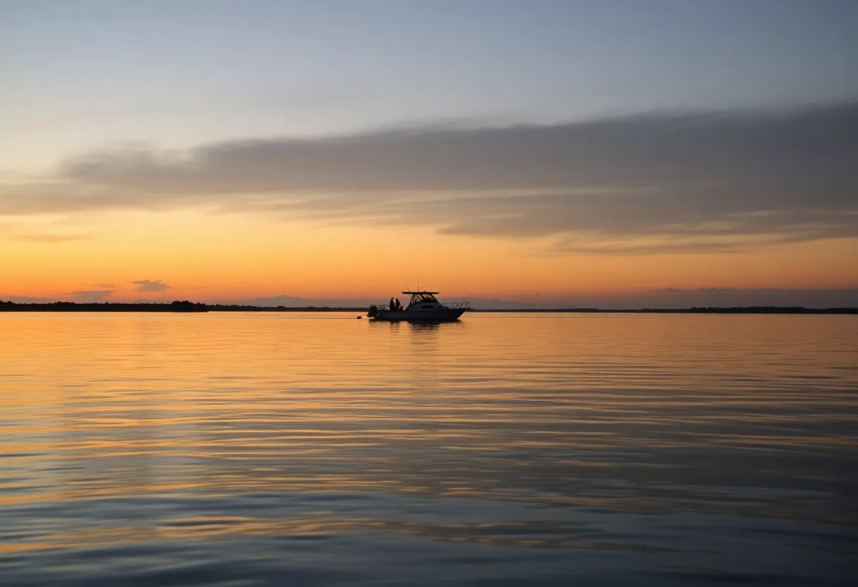 A calm Skull Creek view at dusk with a silhouette of a boat in the distance.