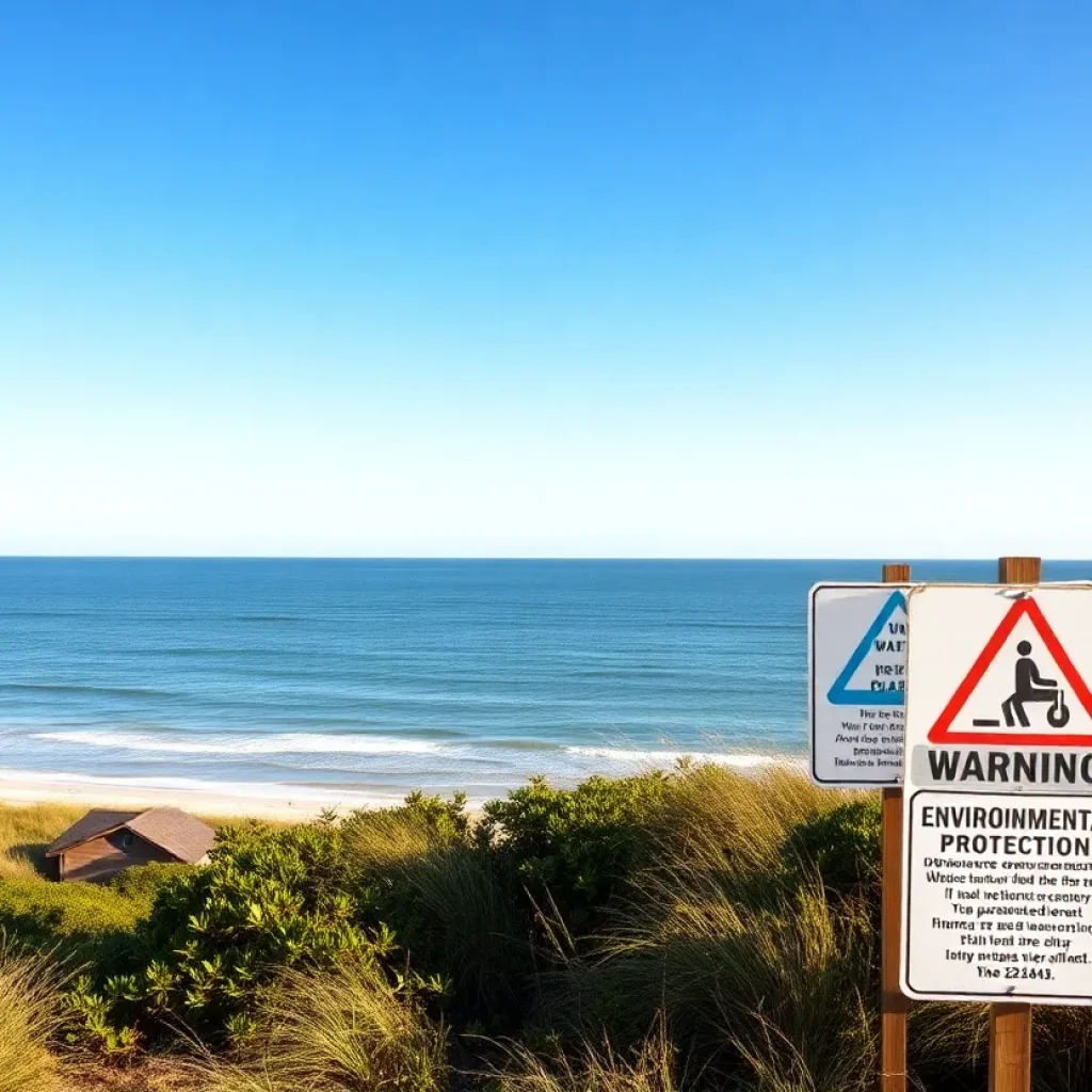 Scenic South Carolina coastline with warning signs against offshore drilling