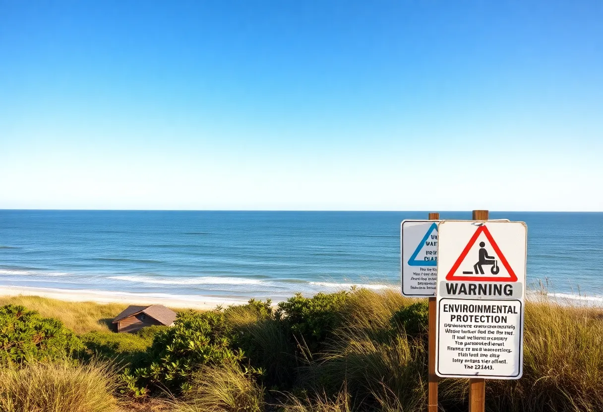 Scenic South Carolina coastline with warning signs against offshore drilling