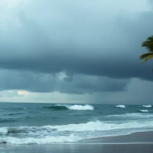 Stormy weather over the Southeast Coast with dark clouds and rough seas.