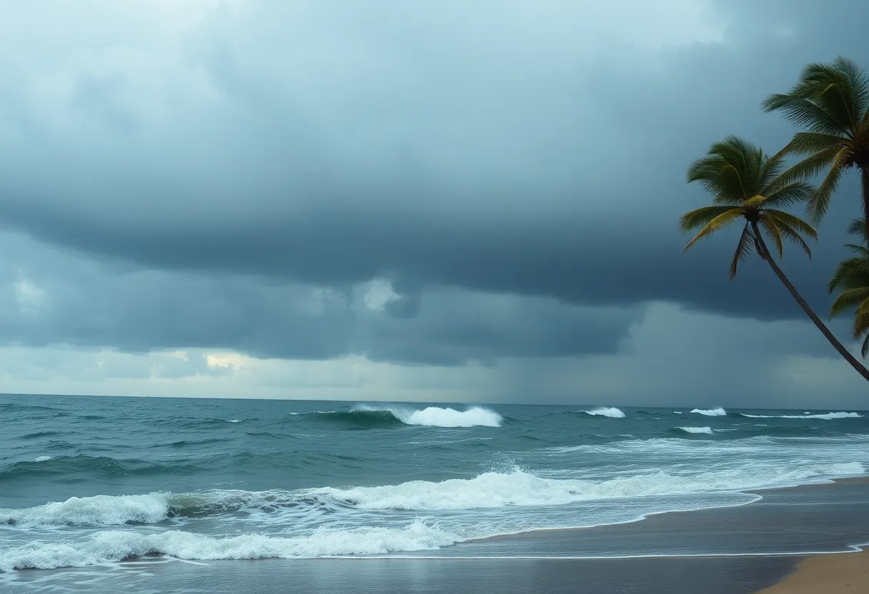 Stormy weather over the Southeast Coast with dark clouds and rough seas.