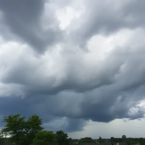 Dark storm clouds gathering over a Greenville landscape