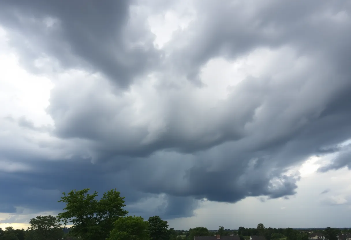Dark storm clouds gathering over a Greenville landscape