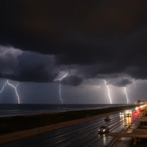 Dark storm clouds and lightning over Myrtle Beach