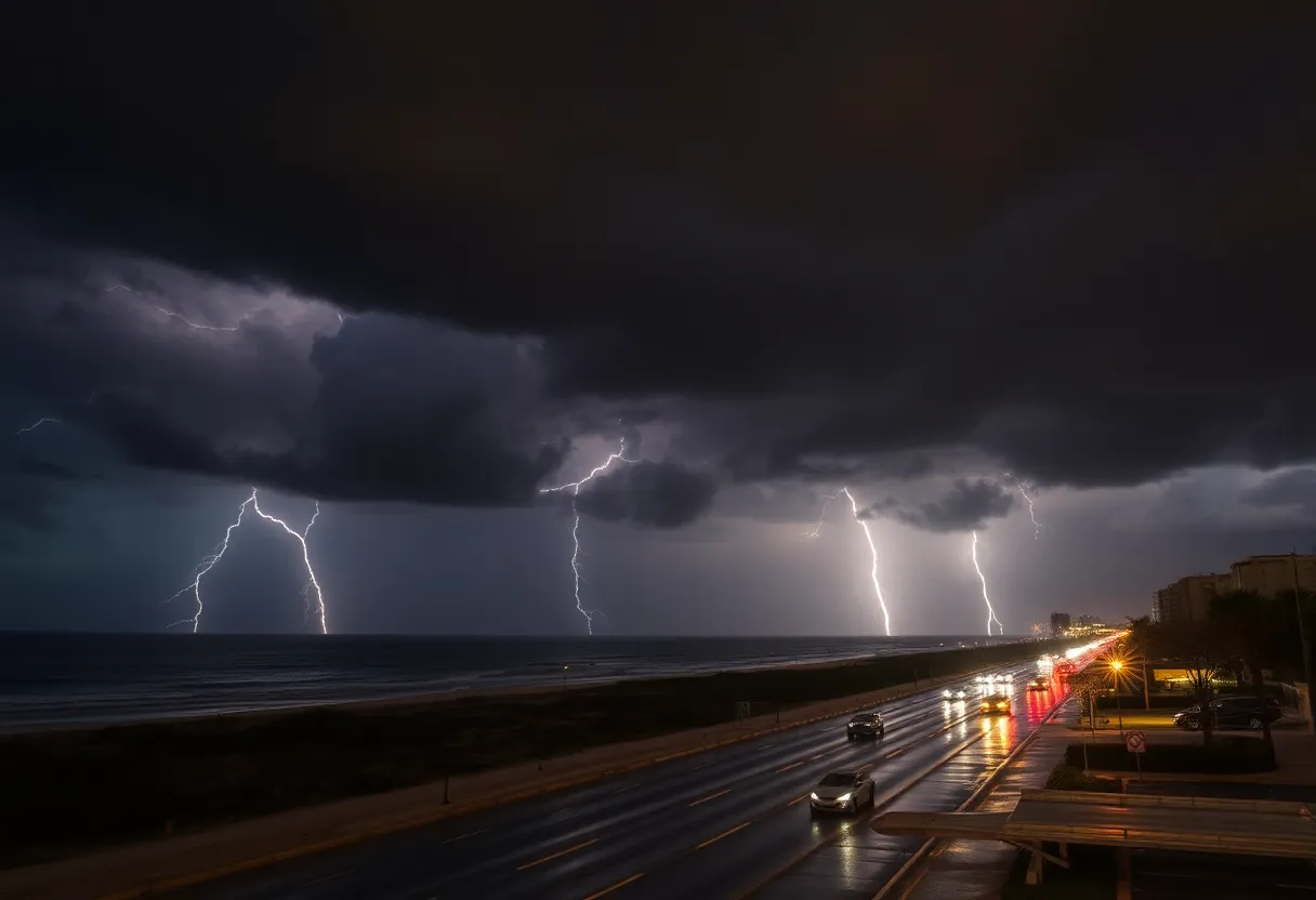 Dark storm clouds and lightning over Myrtle Beach