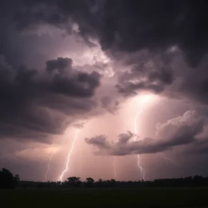 Dark storm clouds and lightning over South Carolina landscape