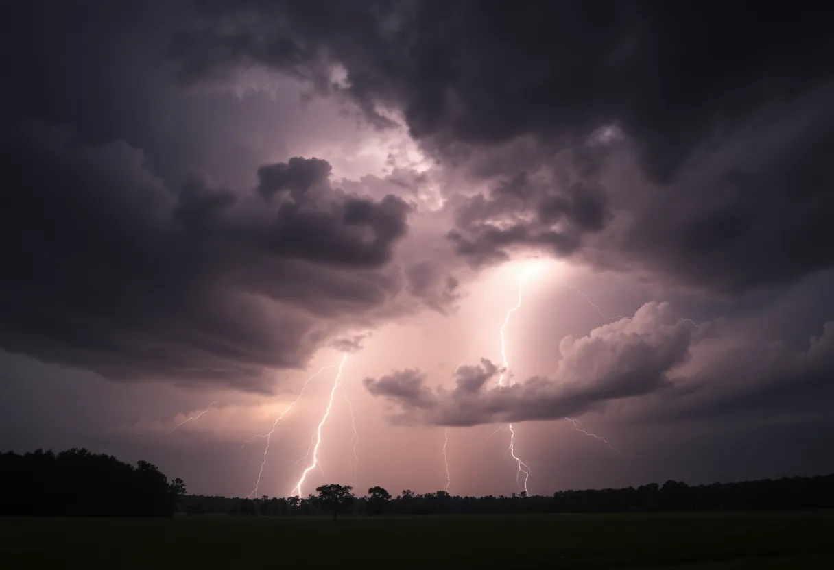 Dark storm clouds and lightning over South Carolina landscape