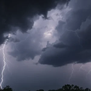 Dramatic thunderstorm clouds with lightning over Barnwell County