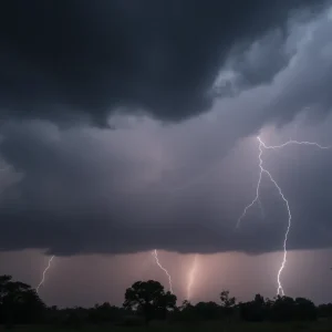 Dark storm clouds with lightning above Darlington County