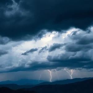 Dark thunderstorm clouds over the mountains in Pickens County, SC