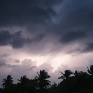 Dark storm clouds with lightning and wind-swayed trees