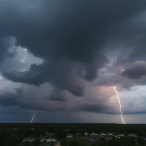 Dark clouds with lightning over a small town