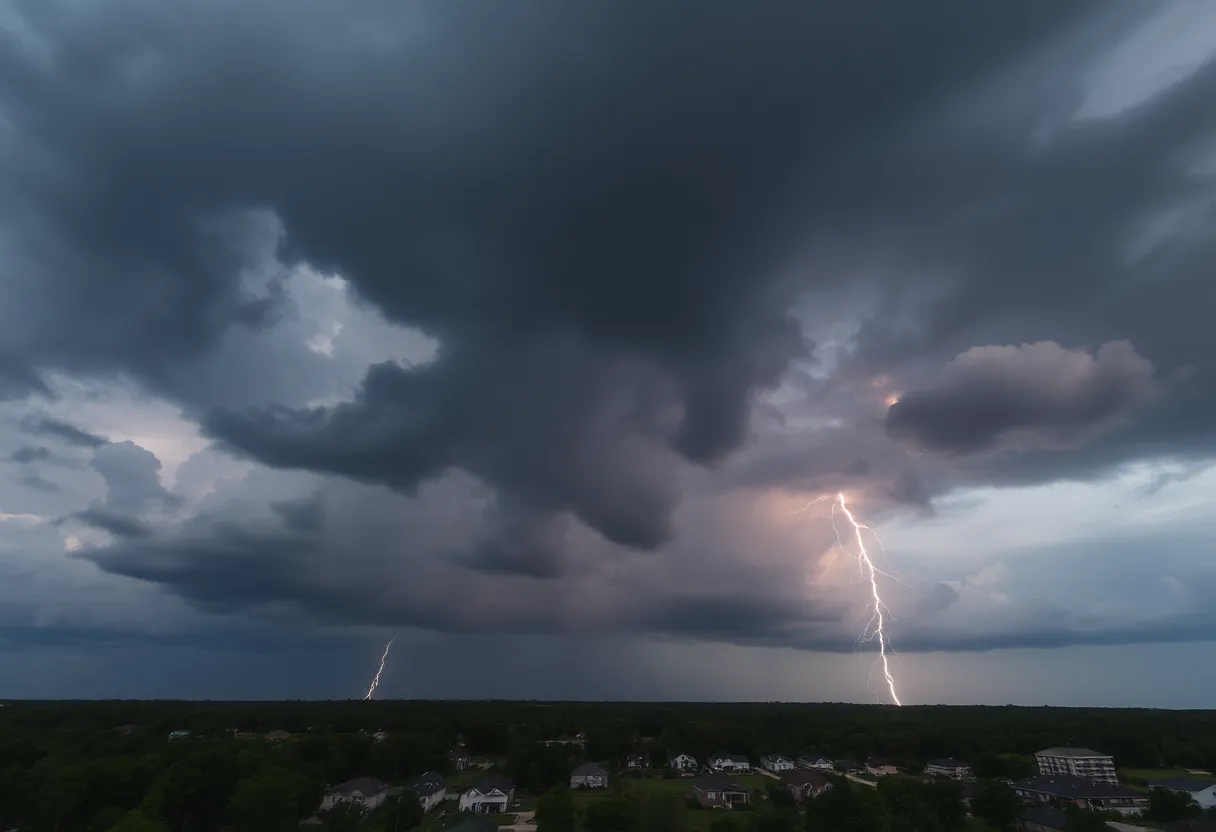 Dark clouds with lightning over a small town