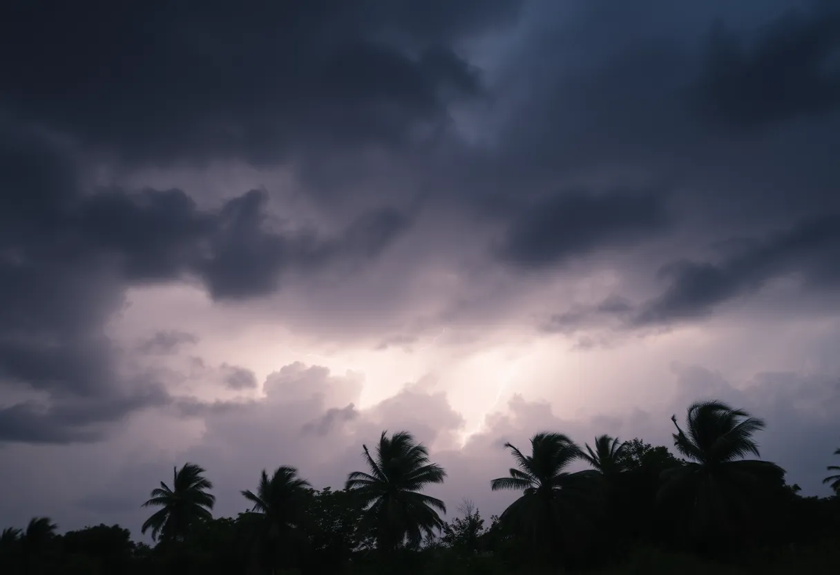 Dark storm clouds with lightning and wind-swayed trees