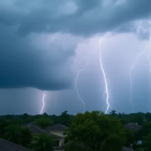 Dramatic thunderstorm clouds over a suburban area with rain.