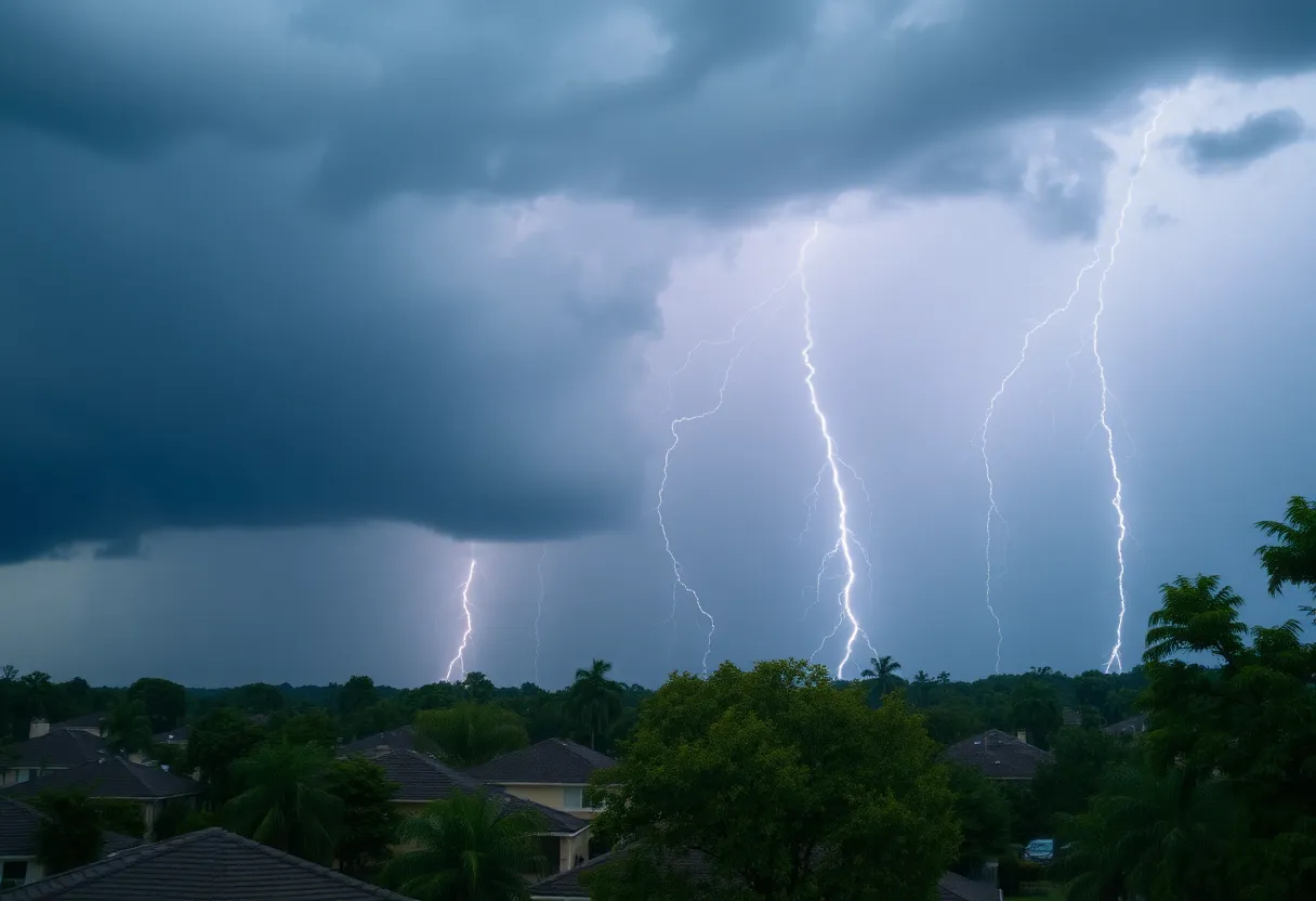 Dramatic thunderstorm clouds over a suburban area with rain.