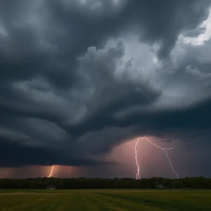 Dramatic thunderstorm clouds with lightning over Pickens County