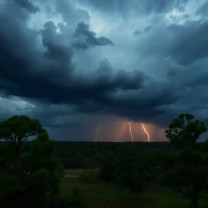 A thunderstorm approaching South Carolina with dark clouds and lightning.