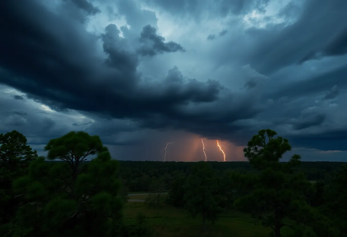 A thunderstorm approaching South Carolina with dark clouds and lightning.