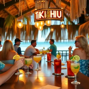 Vibrant scene at Tiki Hut Beach Bar with sunset and ocean views