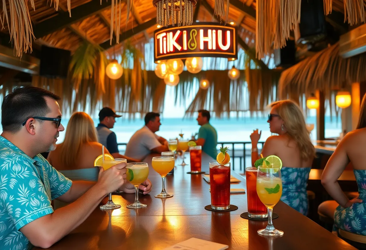 Vibrant scene at Tiki Hut Beach Bar with sunset and ocean views