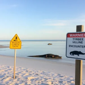 Warning sign on Tybee Island beach about alligators