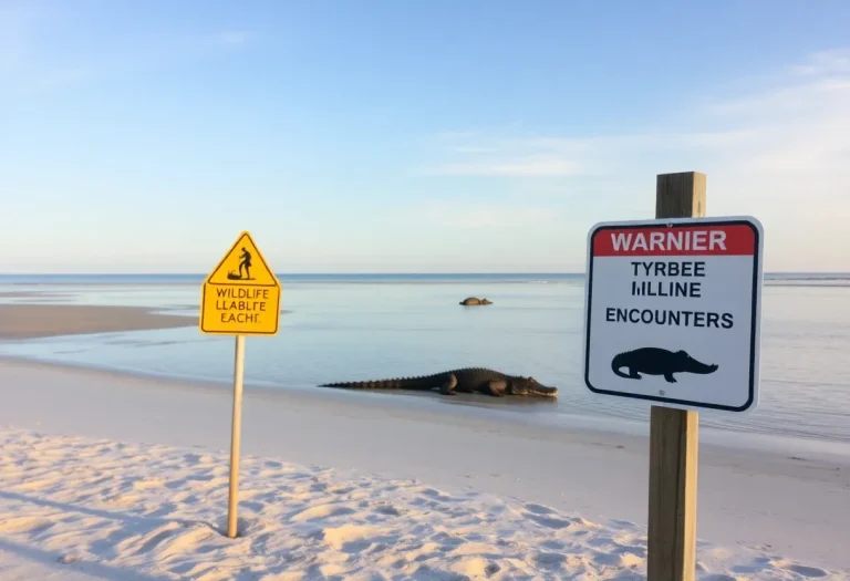 Warning sign on Tybee Island beach about alligators
