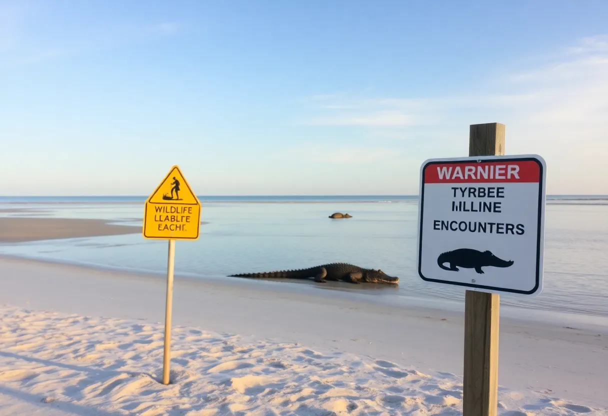 Warning sign on Tybee Island beach about alligators