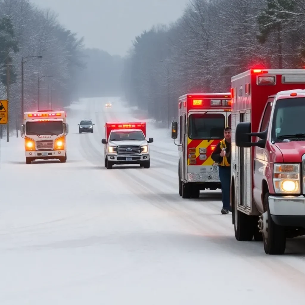 Emergency responders preparing for winter weather on a snowy road in South Carolina