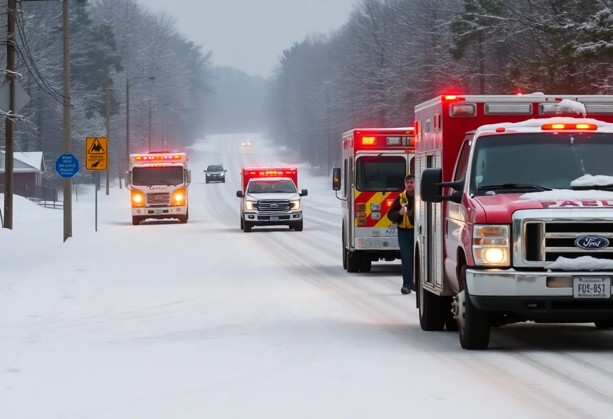 Emergency responders preparing for winter weather on a snowy road in South Carolina