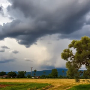 Dark storm clouds and hail falling during severe thunderstorms in Augusta
